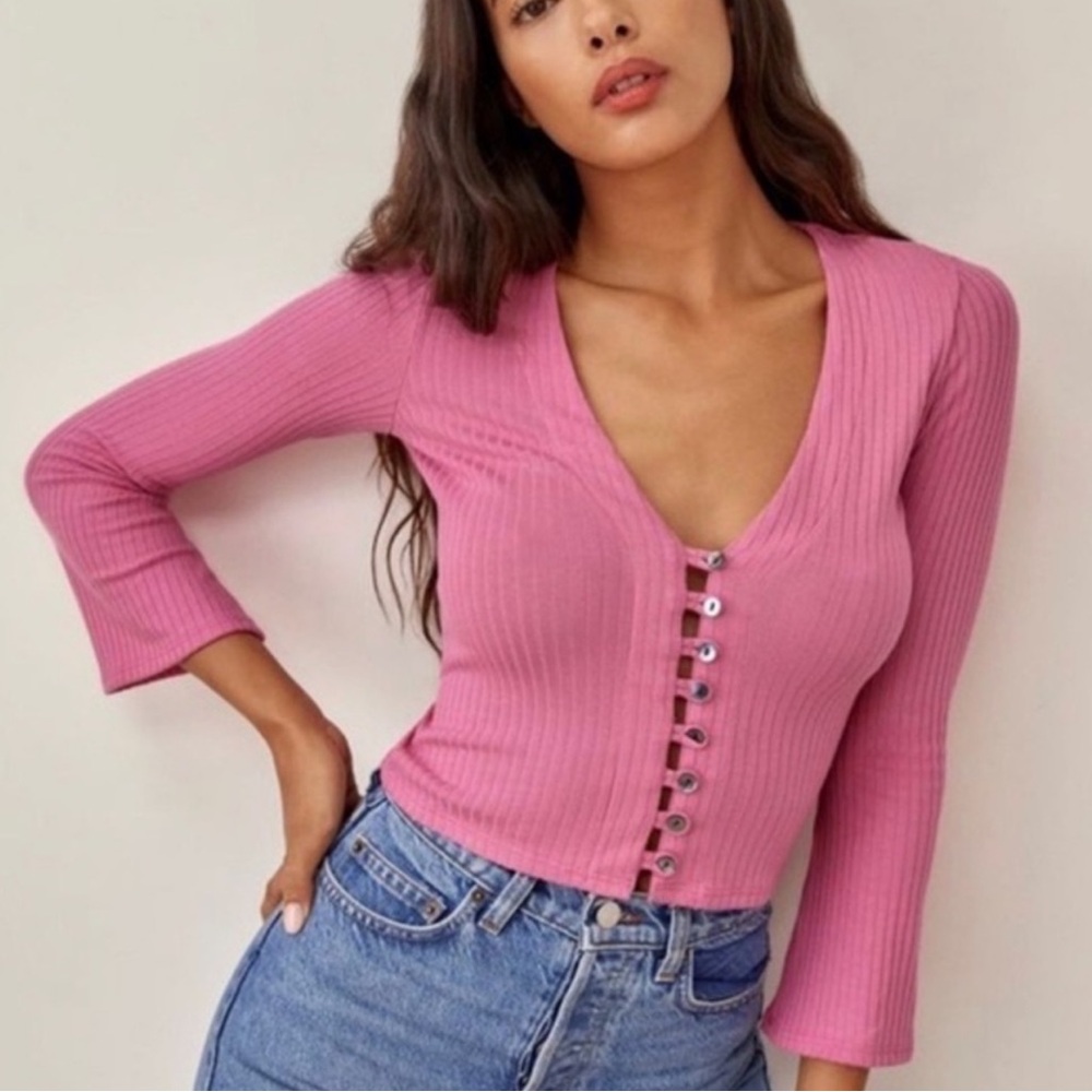 Reformation Womens XL Pink Ribbed Long Sleeve Gellar Knit Ribbed Cardigan Top